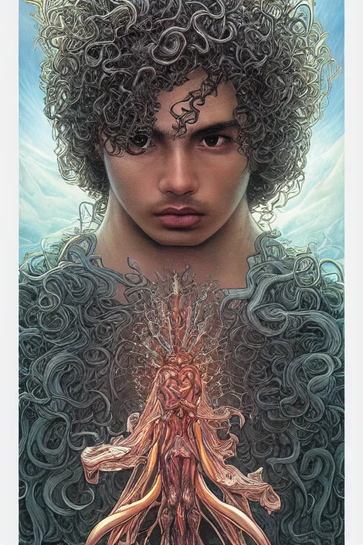 Image similar to a young mexican man with curly hair, by artgerm and yoshitaka amano and moebius and hr giger and zdislaw beksinski and alphonse mucha, hyperdetailed, symmetry, glamour, surreal, dc comics, ornate, stunning, nebula, explosions in the sky, trending on artstation