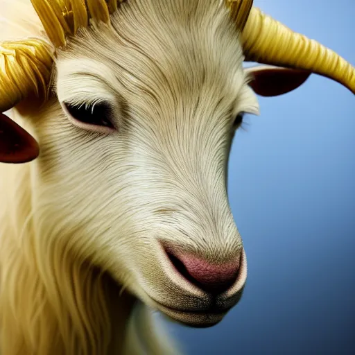 Image similar to real life photo of a beautiful Guernsey golden goat, full body photoshoot, curly golden hair, brown watery eyes, full round face, short smile, short horns, serene field setting, cinematic lightning, medium shot, mid-shot, highly detailed, trending on artstation, Unreal Engine 4k, 80mm, 85mm, cinematic wallpaper