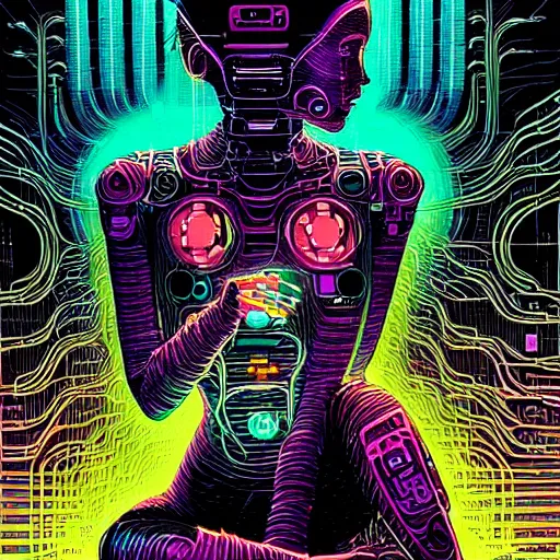 Image similar to a portrait of a beautiful cybernetic woman meditating, wires, cyberpunk concept art by josan gonzales and philippe druillet and dan mumford and enki bilal and jean claude meziere