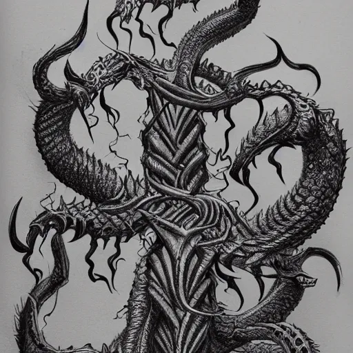 Prompt: highly detailed drawing of a mythical hydra, hyperrealistic, photorealistic, artstyle, highly detailed, sharp