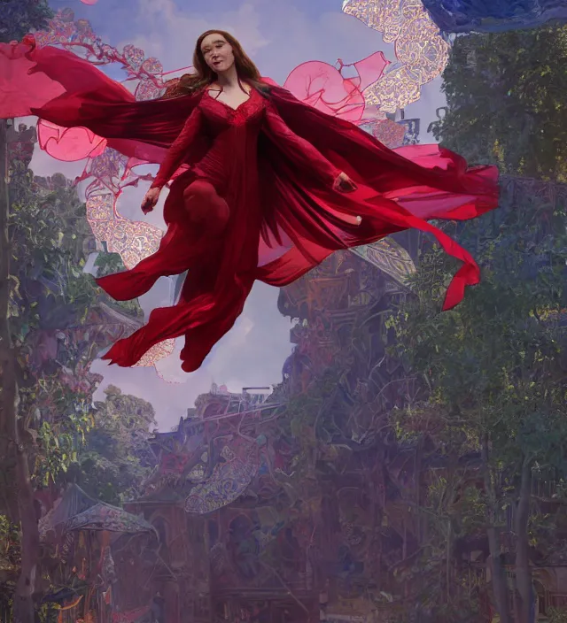 Image similar to scarlet witch soaring in the sky, nostalgia, very detailed texture, realistic shaded lighting, studio quality, digital art, background style by alphonse mucha, unreal engine 5 rendered, octane rendered, pinnacle studio, naturel, trending on artstation, art style by nixeu and ian sprigger