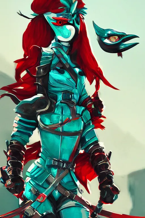 Image similar to female adventurer in tight full - body teal leather armor of japanese design with red accents and a white porcelain crow mask, trending in artstation, japanese, artstation, big moon in the background, establishing shot