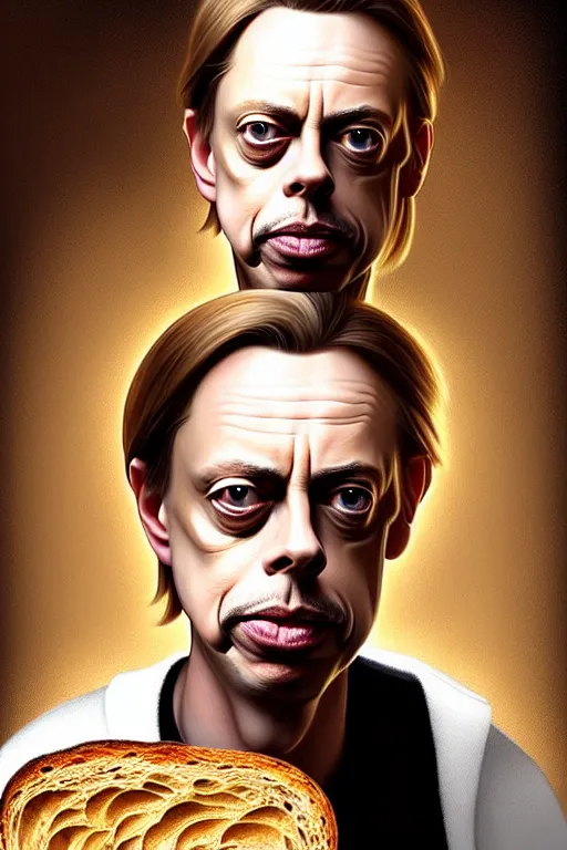 Image similar to beautiful portrait half steve buscemi wearing sourdough bread, by greg rutkowski