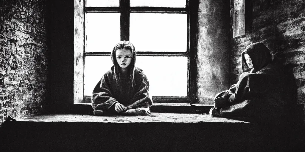 Prompt: at night, sadie sink in hoodie sits on windowsill, knees tucked in | rain falls, old brick wall with ussr propaganda posters : imax b & w film stock, anamorphic, single long shot from schindler's list by steven spielberg. cyberpunk, photorealistic, cinematic atmosphere, detailed and intricate, perfect anatomy