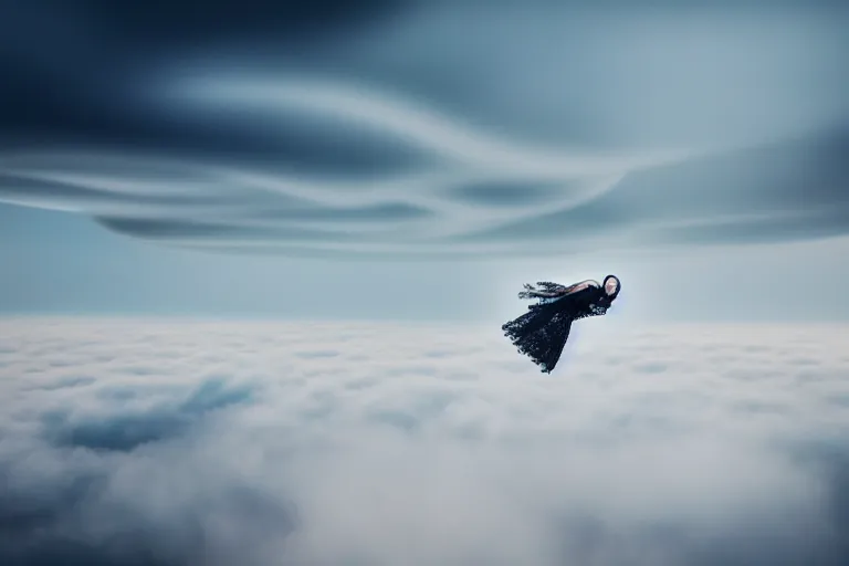 Image similar to photograph of a haute couture model flying through clouds, aerial view. photography by julia hetta, cinematic, elegant, real dlsr photography, sharp focus, 4 k, ultra hd, sense of awe