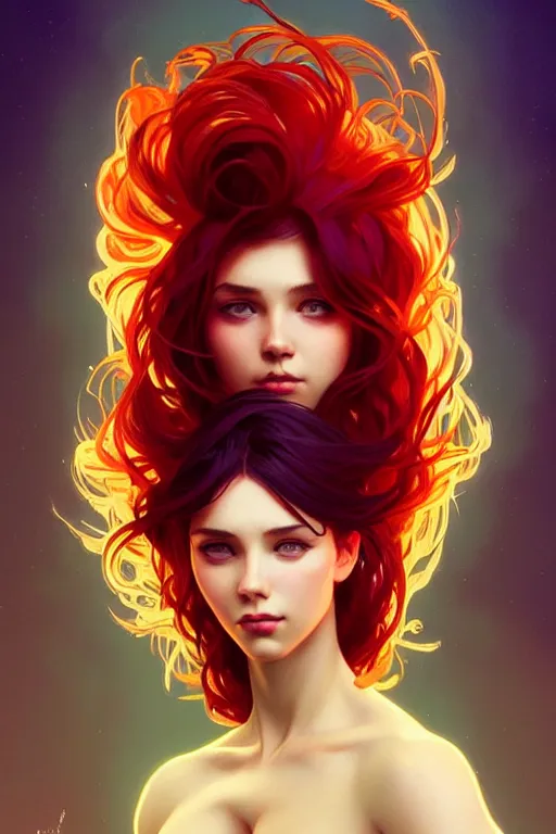 Image similar to a beautiful girl with fire hair, fantasy, portrait, sharp focus, intricate, elegant, digital painting, artstation, matte, highly detailed, concept art, illustration, ambient lighting, art by ilya kuvshinov, artgerm, Alphonse mucha, and Greg Rutkowski