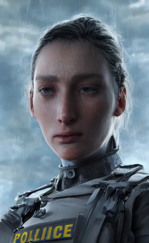 Image similar to Female in police uniform, hyperrealistic mixed media, stunning 3d render inspired art by P. Craig Russell and Barry Windsor-Smith + perfect facial symmetry + dim volumetric lighting, 8k octane beautifully detailed render, post-processing, extremely hyperdetailed, intricate futuristic mechanic parts, epic composition, grim yet sparkling atmosphere, cinematic lighting + masterpiece, trending on artstation