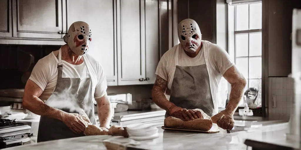 Image similar to jason voorhees in the kitchen, wearing an apron, baking a loaf of bread, ultrafine detail, mid day lighting