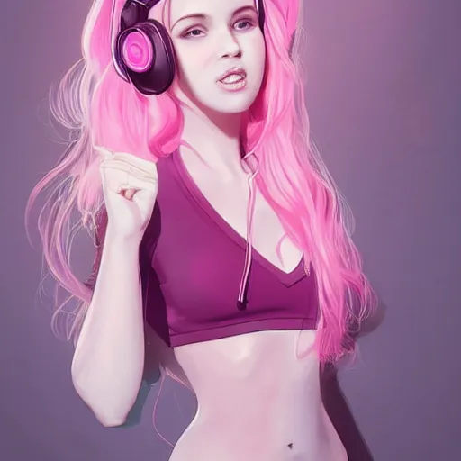 Image similar to very very very beautiful pink gamer girl wearing headphones standing in a pink girls room, full body portrait, eye contact, smiling, perfect face, perfect body, extreme long shot, drawn by artgerm and charlie bowater