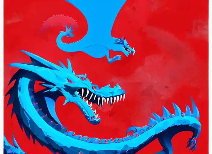 Image similar to red and blue poster with a dragon on it, vector art by cedric seaut ( keos masons ), artstation contest winner, process art, behance hd, matte background, rich color palette