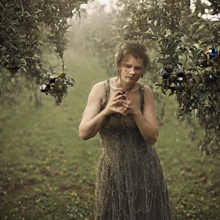 Image similar to a closeup portrait of a woman wearing dress made of spiderwebs, picking apples from a tree in an orchard, foggy, moody, photograph, by vincent desiderio, canon eos c 3 0 0, ƒ 1. 8, 3 5 mm, 8 k, medium - format print