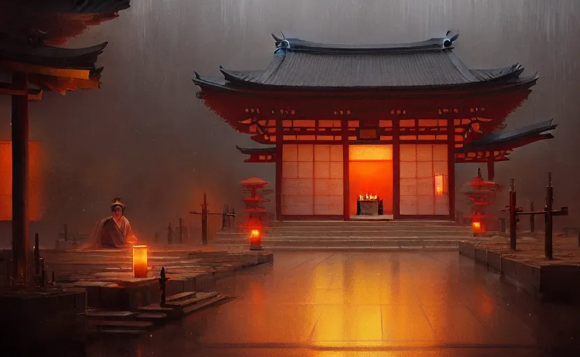 Prompt: painting of a Japanese temple with candles by Greg Rutkowski and Craig Mullins, Dark cold atmospheric sad and cinematic lighting, Trending on artstation