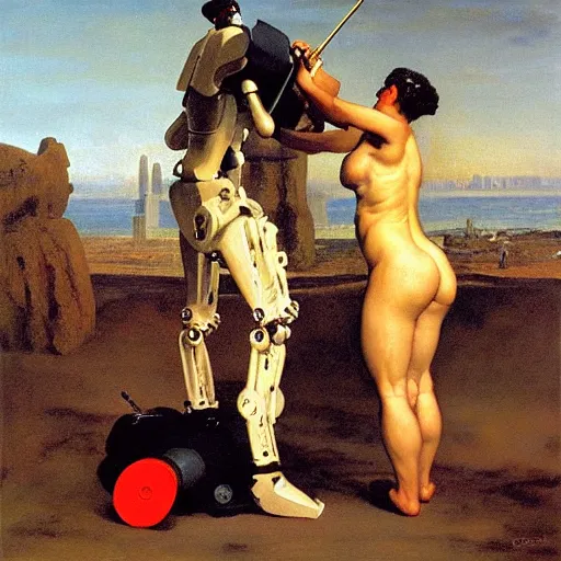 Image similar to a human painter fighting a robot, art, oil painting, by Eugene Delacroix, by David Ligare, high quality, composition