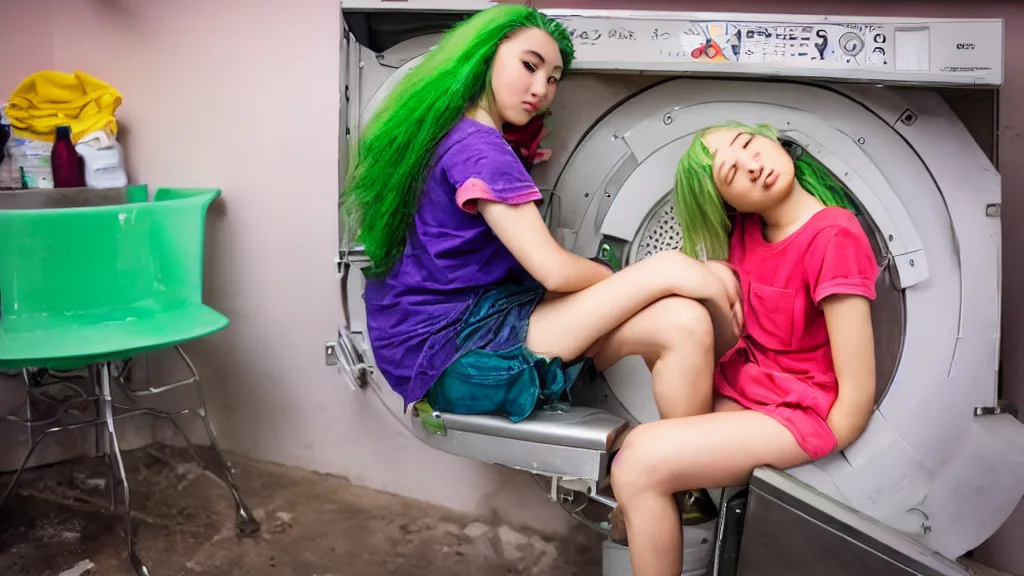 Image similar to a girl with green hair sitting on top of a washing machine in a laundromat in the style of Tsuguharu Fujita, pink yellow red and green