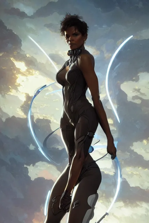 Image similar to halle berry storm as aeon flux profile picture by Greg Rutkowski, dynamic pose, intricate, futuristic, fantasy, elegant, by Stanley Artgerm Lau, greg rutkowski, thomas kindkade, alphonse mucha, loish, norman Rockwell,