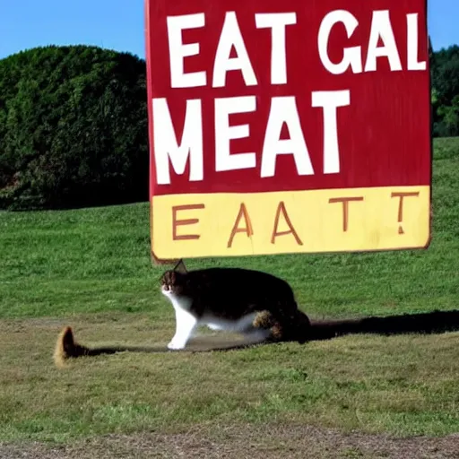 Image similar to A giant fat cat eating a colossal sign that says Eat Me.