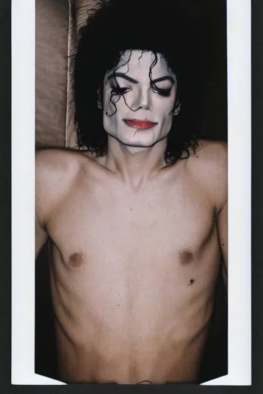 Image similar to polaroid still of pale sleeping michael jackson inside a coffin, portrait, 4k