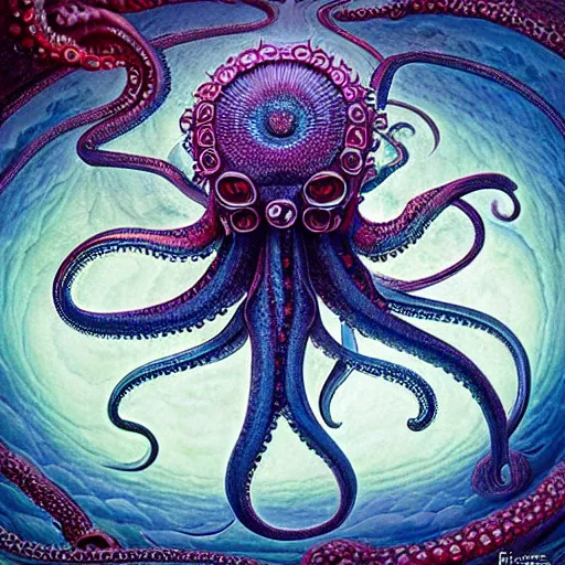 Image similar to depicting an octopus, in the style of h. p. lovecraft, exuberant organic elegant forms, by karol bak and filip hodas : : 1. 4 purple, red, blue, green, black intricate mandala explosions : : intuit art : : turbulent water backdrop : : damask wallpaper : : atmospheric