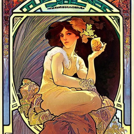 Prompt: The potatoes eaters, by alphonse mucha