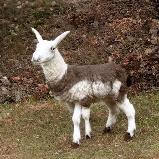 Image similar to lamb and goat fused as one, scientific photo, scary photo, high detail