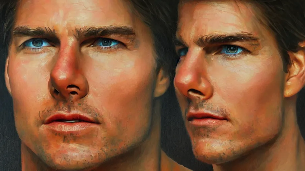 Prompt: The most beautiful portrait of Tom Cruise in the world; trending on artstation; oil on canvas; extraordinary masterpiece!!!!!!; 8k