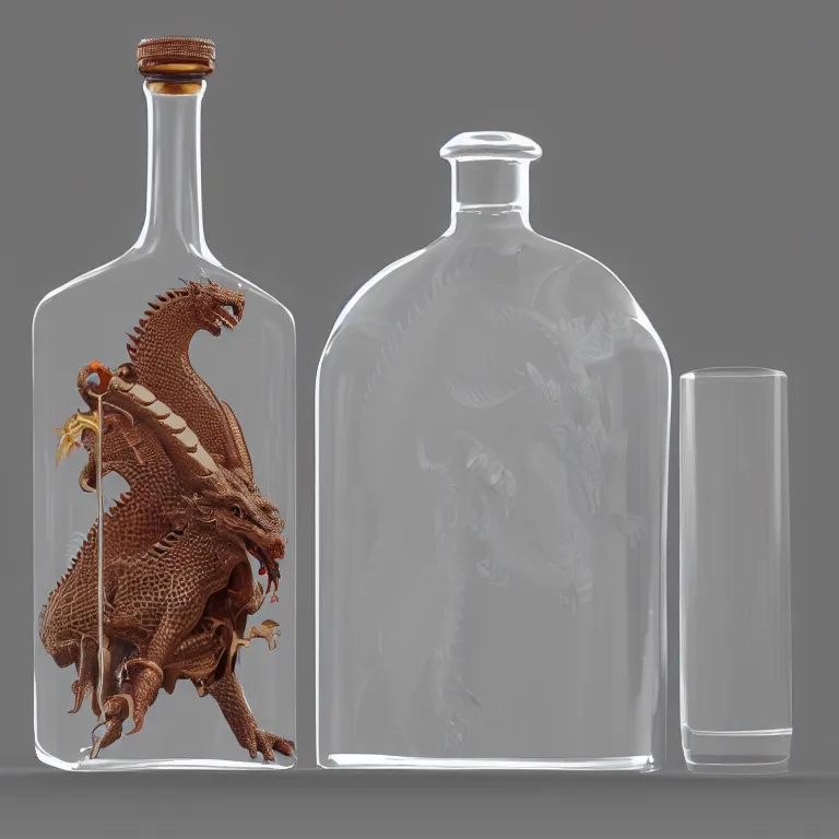 Image similar to transparent ancient boar flask with a dragon, raytracing, orthographic 3d rendering, octane render