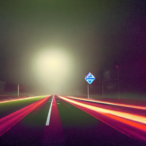 Image similar to A stunningly beautiful award-winning down angle 8K high angle cinematic movie photograph of a dark foggy main intersection in an abandoned 1950s small town at night, by David Fincher and Darius Khonji, cinematic lighting, perfect composition, moody low key volumetric light. Color palette from Seven, greens yellows and reds. 2 point perspective, high angle from 15 feet off the ground. Octane render