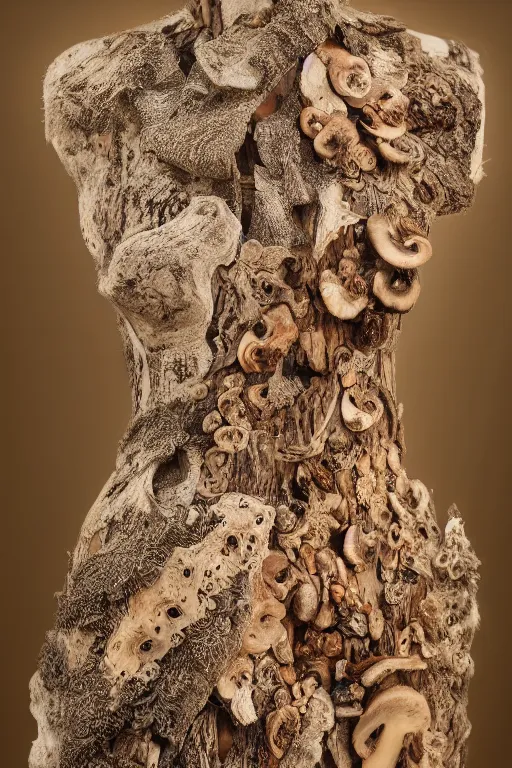 Image similar to A beautiful dress carved out of dead wood with lichen and mushrooms, on a mannequin. High quality, high resolution, studio lighting