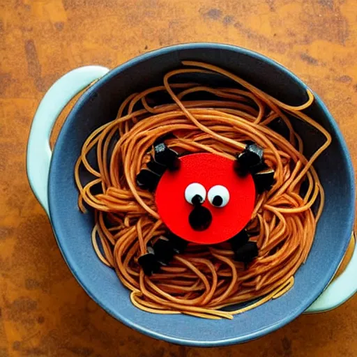 Prompt: An angry spider in a bowl of spaghetti