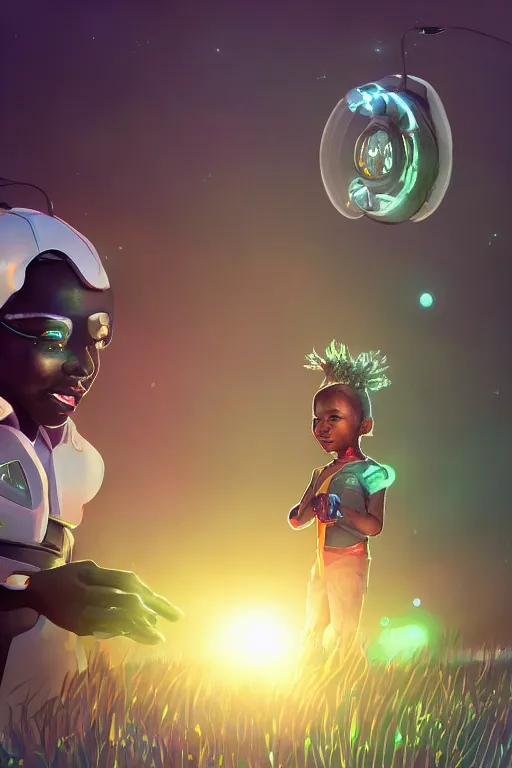 Image similar to a black kid playing with a futuristic robot in the nature, mixing solarpunk, afropunk, cyberpunk, ( ( ( ( volumetric light ) ) ) ), high angle, part by pearl fryar, part by prince damah, sunny day, trending on artstation, cinematic view, illustration, painting.
