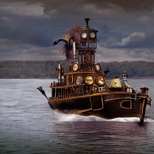 Image similar to a steampunk boat chugging down a river