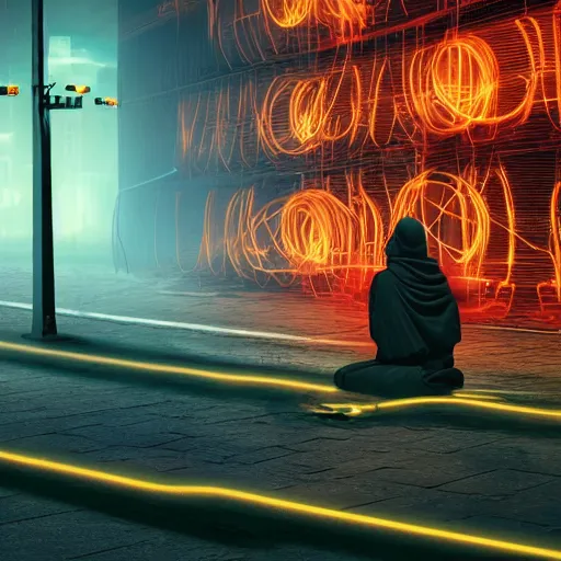 Image similar to A single monk kneeling with wires connecting him to a computer, Nirvana, Machines and wires everywhere, flashing neon lights, creepy, dark shadowy surroundings, dystopian scifi, horror, Stefan Koidl inspired, 4k