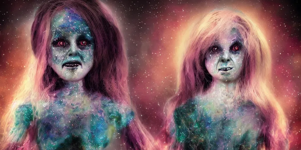 Prompt: photo of a cosmic doll with a terrifying and threatening face, horror surreal art