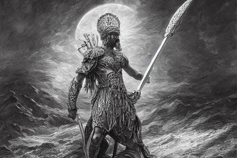 Prompt: highly detailed and cinematic romantic, edge of the universe, the great greek warrior with a spear, symmetrical face, magical, greek myth, masterpiece, from the book of the long sun by gene wolfe, highly detailed painting by gustave dore