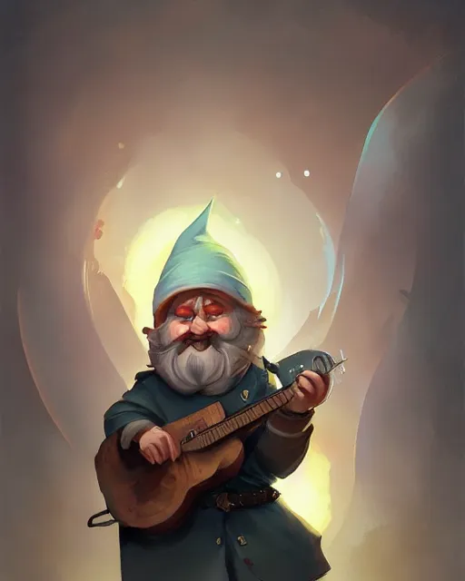 Image similar to male gnome spy, fantasy portrait, playing a magical mandolin, shadowy figure by peter mohrbacher, artstation