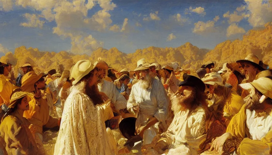 Prompt: detailed digital painting of a crowd of happy jews in the desert harvesting white manna, yellow orange and blue color scheme, painting by gaston bussiere, j. c. leyendecker 8 k