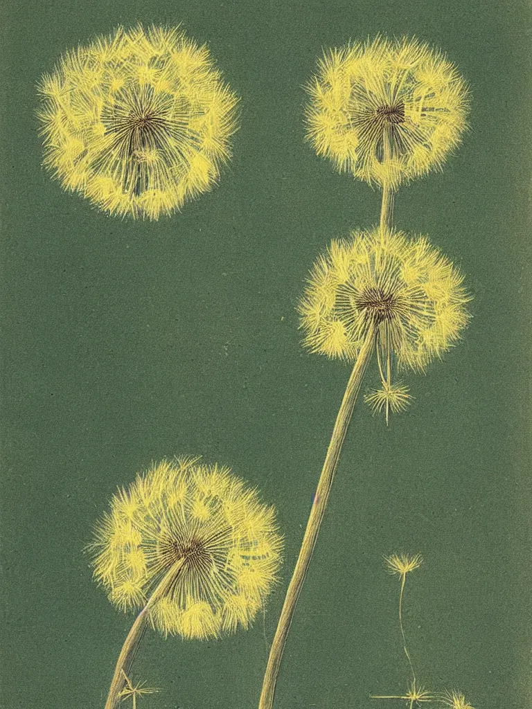 Prompt: color lithograph of a dandelion by adolphe millot