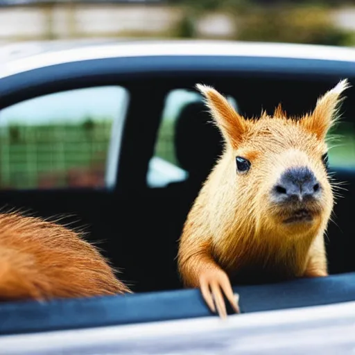 Image similar to Capybara driving a car listening to 'okay, i pull up'