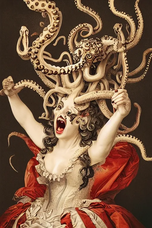 Prompt: a spectacular wideangle portrait of a screaming scary rococo queen with a octopus head, award winning photography