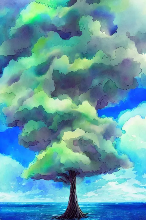 Image similar to beautiful digital watercolor painting of fantasy tree and candy cloud sky watercolor ocean with swirling colors greg rutkowki artstation