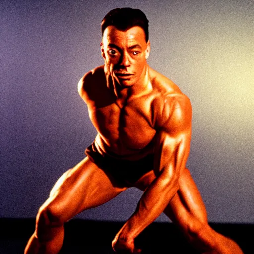 Image similar to cinematic still, young Jean Claude Vandamme doing the splits, dramatic lighting ,award winning,