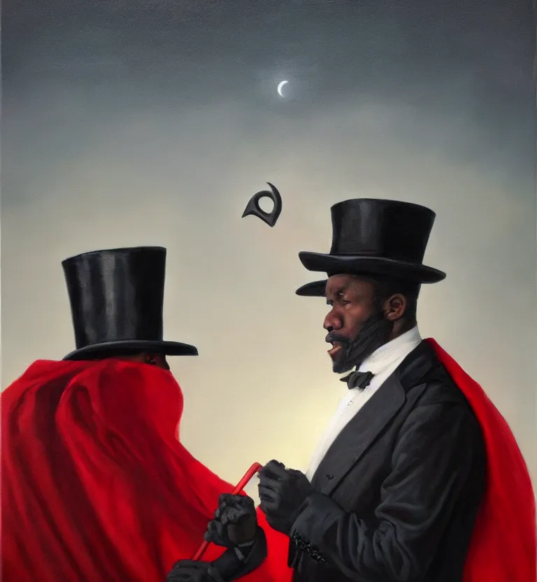 Prompt: a realistic oil painting of a black man in a cemetery at night wearing a top hat that hides his face and a black and red cape while holding a trident, digital art, realistic, detailed, moonlight.