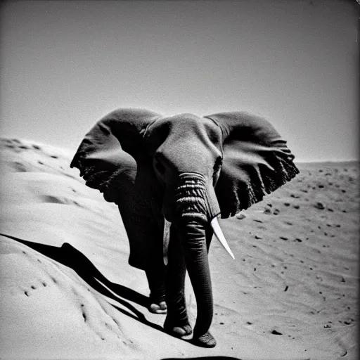 Image similar to extremely detailed black and white polaroid picture by john l. gaunt of a little elephant standing on the moon's surface