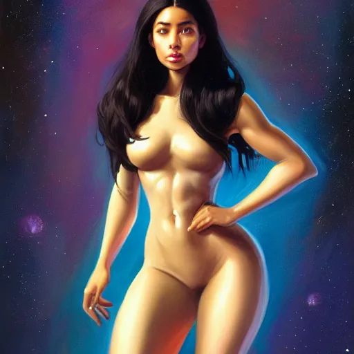 Image similar to a portrait of a very BIPOC beautiful woman in a spacesuit, brown eyes, shoulder-length black hair, Alexandria's genesis, bored, illustration, soft lighting, soft details, painting oil on canvas by mark arian by artgerm, trending on artstation, 4k, 8k, HD