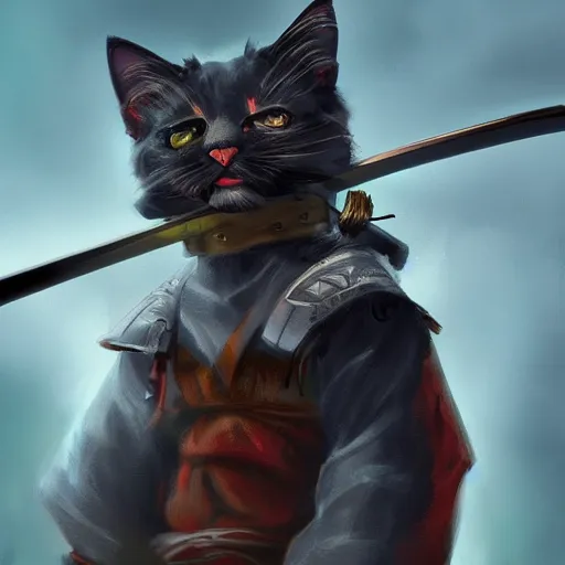 Prompt: cat samurai concept art, digital painting, trending on artstation, highly detailed, epic composition, 8 k uhd