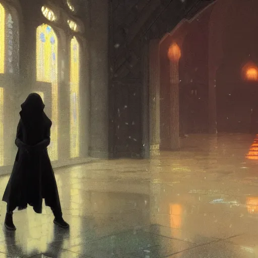 Image similar to detailed face of a woman, moment, cyberpunk mosque interior, displays, tech noir, wet reflections, atmospheric, ambient, livia prima, greg rutkowski, edward hopper