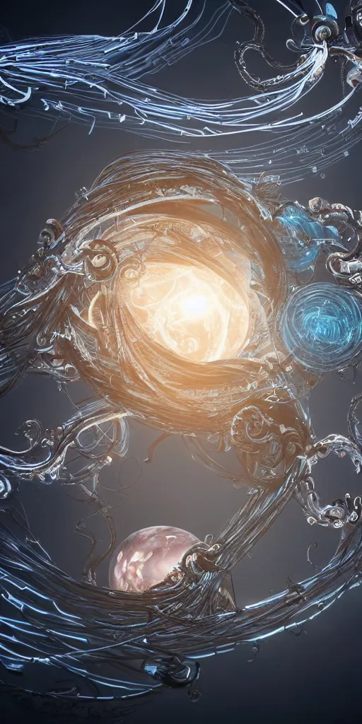 Image similar to swirling abstract cyborg parts and bio - mechanical tendrils and ornate flowing smoke streams and liquid light streaks surround a small metallic sphere, cinematic, unreal engine