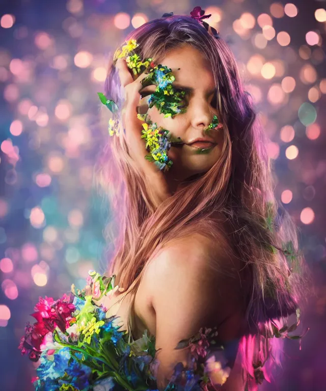 Image similar to an award-winning photo of a gorgeous young woman from the future adorned with flowers, in an outdoor rainy environment, creative studio portrait photography with wildly experimental neon lighting from various sources, cinematic, dramatic, in the style of WLOP, Ross Tran, and Norman Rockwell, 50mm, f2.4, bokeh