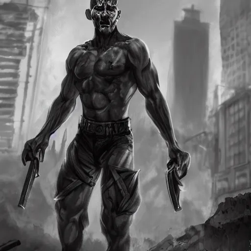 Image similar to black and white muscular demon man, wearing soldier uniform, holding bayonet knife exploring urban environment, concept art trending on art station 4k award-winning unreal engine