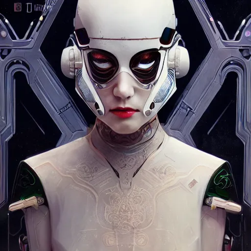 Image similar to a cyborg empress with mask, art nouveau ivory accessories, star wars, cyberpunk, darksynth, luxury, concept art by jama jurabaev, extremely detailed, ominous, ethereal, artstation, andree wallin, edvige faini, balaskas, alphonse mucha, symmetry